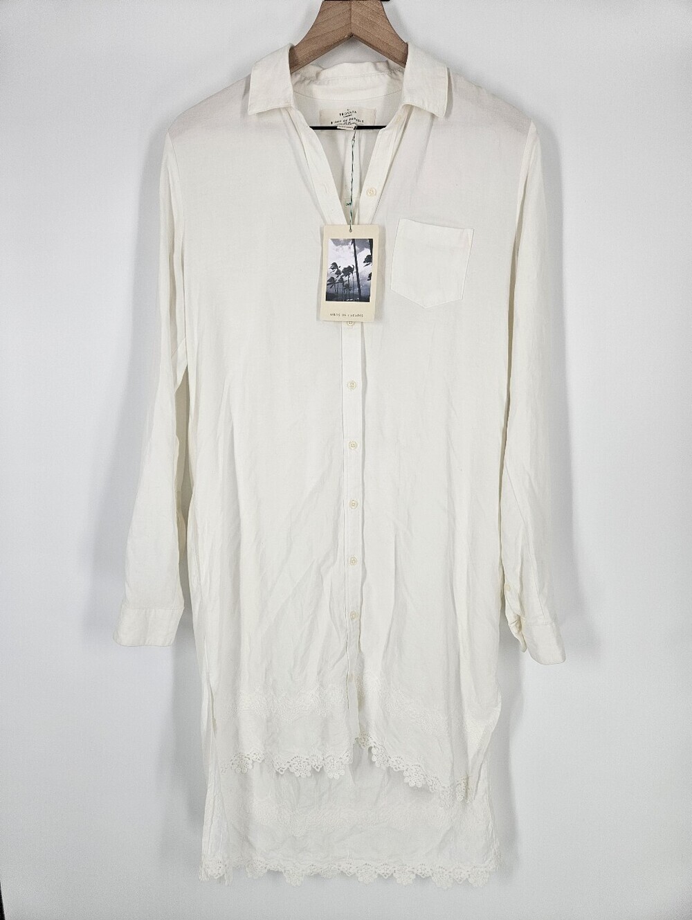 Trovata Birds Of Paradis White Linen Classic Shirtdress With Embroidery NWT FLAW